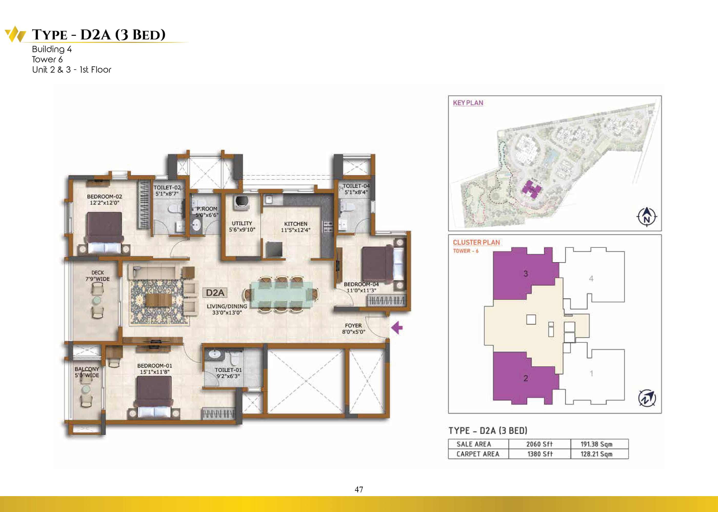 Prestige Waterford 3 BHK Floor Plan Type D2A